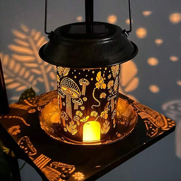 RANGDONG Luzes LED solares de metal, alimentador de pássaros para áreas externas, lanternas decorativas à prova d'água para pendurar, padrões vintage de cogumelos ocos, lanternas penduradas no pátio, presentes para o Dia das Mães, luzes decorativas para a atmosfera da família