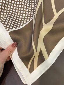 1pc Printed Polyester Twill Square Scarf, Suitable For Sun Protection And Hair Styling - Coffee Brown - View 10