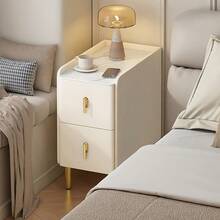 Bedside Table Minimalist Modern Bedside Table With Double Drawers, Leather Finish, Suitable For Bedroom - Beige - View 2
