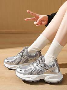 Women's Chunky Sneakers, Casual Sports Shoes, Mesh Breathable Platform Shoes, Fashion Versatile Comfortable Fit, Lightweight, Soft Sole, Shock Absorbing, Non-Slip, Moisture-Wicking Design, - Silver - View 6