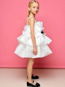 Young Girl Ruffle Bow Tulle Party Dress, Princess Cake Dress Suitable For Baby Birthday, Anniversary, Wedding, Holiday Celebration, Flower Girl