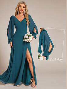 Spring Split Sleeve Split Thigh Chiffon Teal Blue Bridesmaid Dress For Wedding - Teal Blue - View 7
