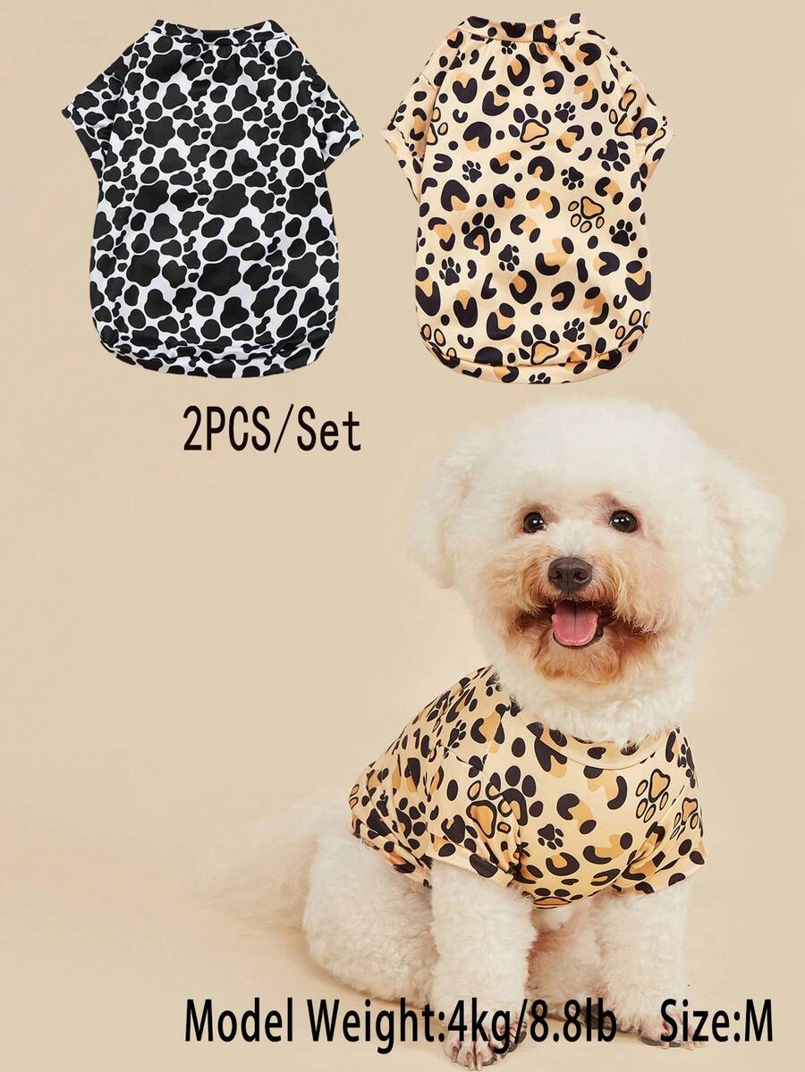 2pcs/Set Pink Puppy & Leopard Paw Print Lightweight Short Sleeve Pet T-Shirt - Multicolor - View 1