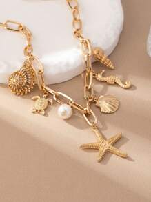 1pc Metallic Ocean Creature Pendant & Faux Pearl Chunky Chain Necklace, Suitable For Women Beach Vacation Outfit