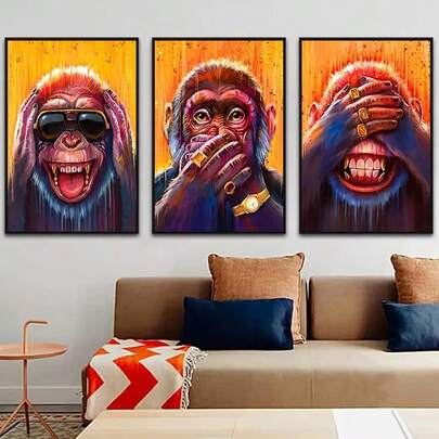 3 piezas de pósteres de arte de pared de animales sin marco, póster y impresiones de mono divertido, pintura en lienzo de animal con gafas, adecuado para la decoración de la pared de la sala de estar de los niños, con o sin marco