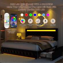 Gegoforu Marco de cama LED multifuncional con 4 cajones de almacenamiento y luces LED RGBW de control inteligente en la cabecera y el pie de cama, y terciopelo - terciopelo negro - Ver 3