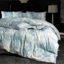 4 pièces Set de literie en coton lavé imprimé numériquement, motif jacquard, style luxueux (1 pièce housse de couette imprimée, 1 pièce drap plat de couleur unie, 2 taies d'oreiller imprimées), motif minimaliste, convient pour lit Queen/Twin/Full, doux, respirant, réversible, pour toutes les saisons, lavable en machine