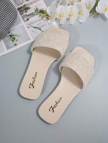 Damen lässige Sandalen mit einem Zeh und Strass Dekor, vielseitige Sommer Outdoor Plastik Pantoffeln - Weiss - Übersicht 4