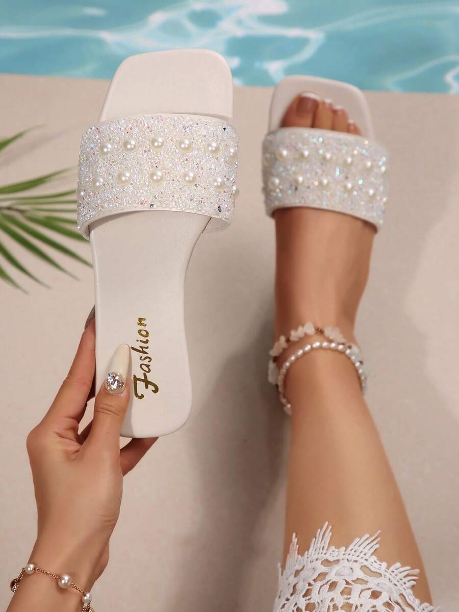 Korean Style Crystal Rhinestone Flat Slippers For Women, Summer Outdoor Wear New Chic Lady Sandals Open Toe Strap Slides - Beige - View 1