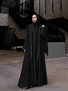 1pc Arabic Thobe With Crystal Stripe And Headscarf, Modest Robe, Abaya - Black - View 1