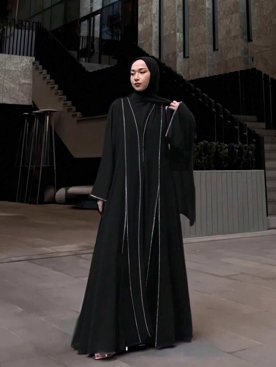 1pc Arabic Thobe With Crystal Stripe And Headscarf, Modest Robe, Abaya - Black - View 1