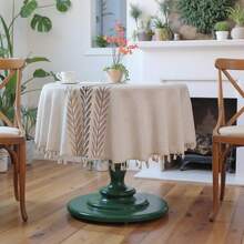 1 件优雅的欧洲田园风格圆形桌布，带叶子刺绣和流苏 - 米色涤纶，非常适合家居装饰、野餐、露营、婚礼、生日派对、节日用餐和小圆桌装饰、感恩节桌布 - 秋葉咖 - 查看 1