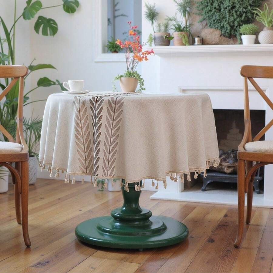 1 件优雅的欧洲田园风格圆形桌布，带叶子刺绣和流苏 - 米色涤纶，非常适合家居装饰、野餐、露营、婚礼、生日派对、节日用餐和小圆桌装饰、感恩节桌布 - 秋葉咖 - 查看 1