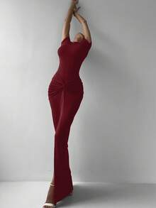 女士 2 件优雅红色修身高弹情人节短袖紧身衣，带荷叶边松紧腰长裙，适合春夏约会 - 酒紅色 - 查看 6