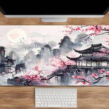 XL Pink Sakura Flower Gaming Mouse Pad, Extended Desk Mat With Sakura Tower Landscape, Large Size Rubber Base Stitched Edge Desk Pad For Computer Gamers - Multicolor - View 3
