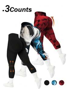 Three-Piece Sport High Waisted Seamless Slim Leggings For Women - Resilient Soft Touch Quick-Drying Breathable 4-Way Stretch Butt  Lifting Legging For Hiking Running Cycling Yoga Pickleball Exercize Casual - 黑色+藍白印花+紅色紮染 - 查看 1