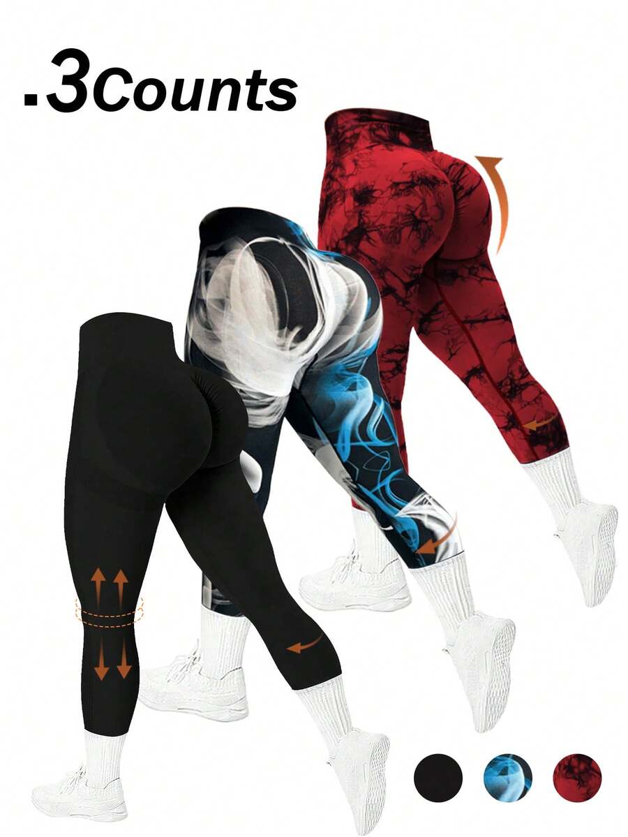 Three-Piece Sport High Waisted Seamless Slim Leggings For Women - Resilient Soft Touch Quick-Drying Breathable 4-Way Stretch Butt Lifting Legging For Hiking Running Cycling Yoga Pickleball Exercize Casual - 黑色+藍白印花+紅色紮染 - 查看 1