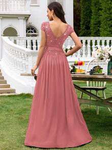MIUSOL Contrast Sequin Lace Deep V-Neck Cap Sleeve Ruched Hem Evening Party Long Dress, Formal, Gown, For Wedding Guest - Dusty Pink - View 3