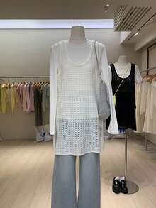 女士夏季度假沙滩装，U 领钩针针织无袖背心，侧开衩，中长款波西米亚风罩衫 - 杏色 - 查看 3