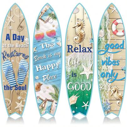 4pcs Surfboard Wall Decor, Wooden Beach Decoration, Summer Theme Decor, Hawaiian/Beach Party Decoration, Home Bar Tropical Birthday Party (Beach)