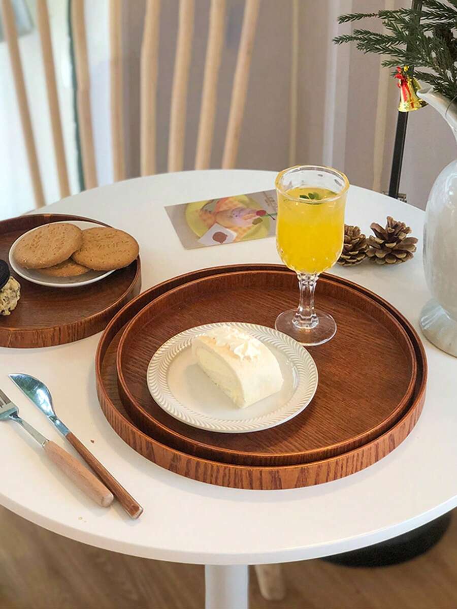1件装复古蛋糕托盘木制家用茶盘餐饮托盘咖啡厅圆形小吃托盘茶水托盘储物托盘 - 棕色 - 查看 1