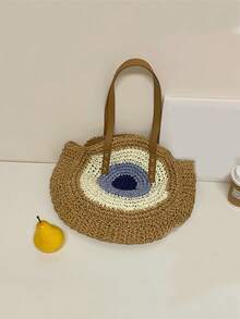 Bolso de paja para mujer, bolso de mano tejido a mano, forma redonda, bolso de ratán de gran capacidad, bolso casual de playa, bandolera, bolso de paja de gran capacidad, hecho a mano, bolso de hombro para playa y viajes - Caqui - Ver 3