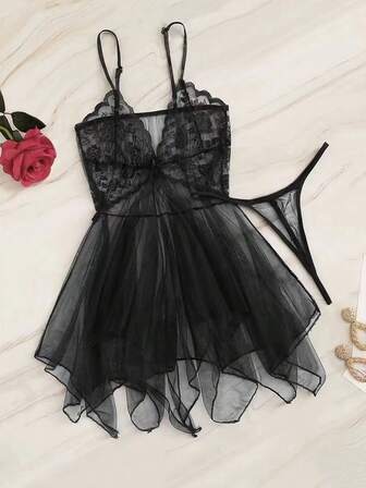 2件套女士新款性感网眼透视迷人透明娃娃裙内衣和丁字裤套装，狂野抢购