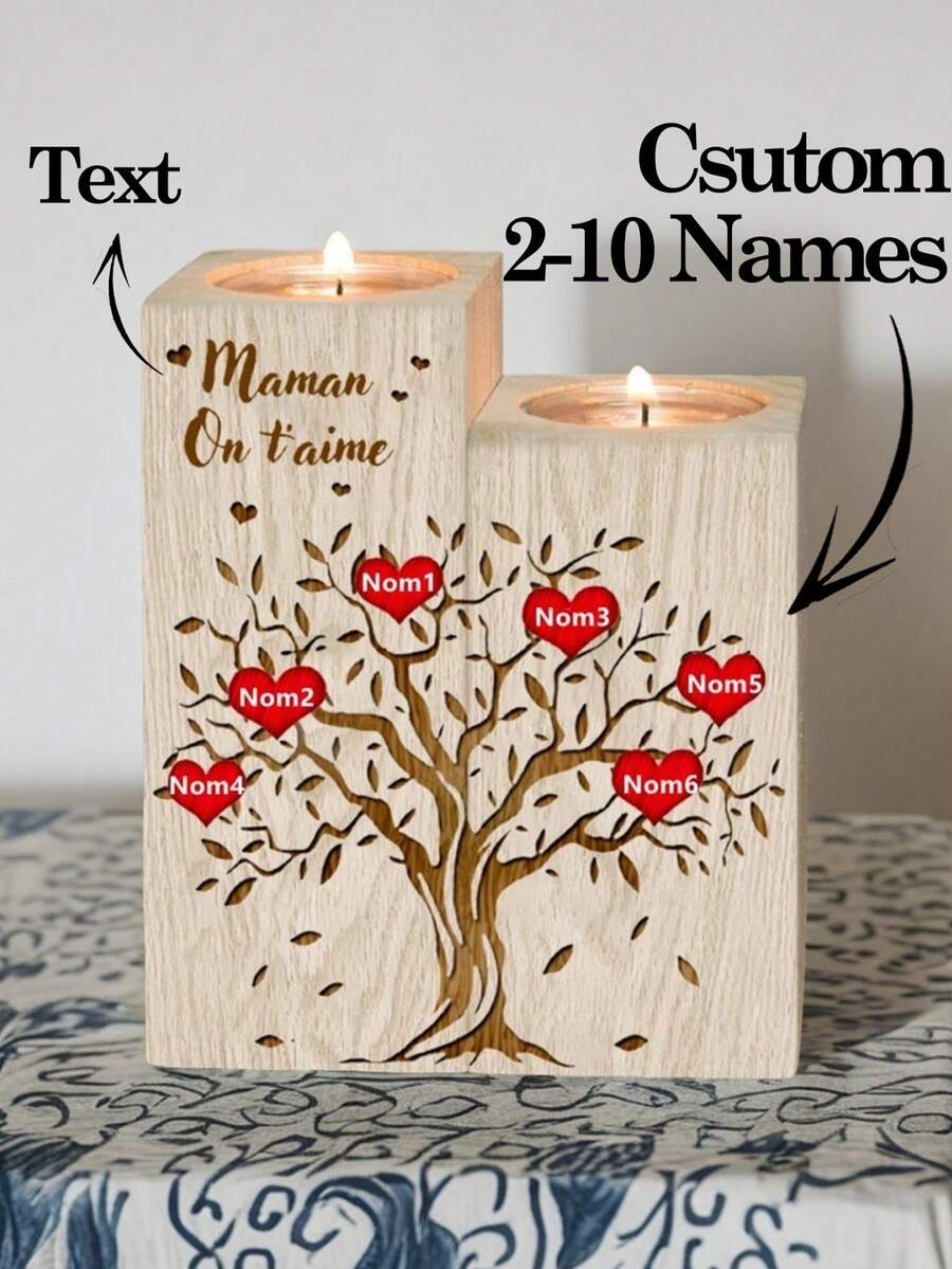1pc Customized Name Candle, Tree Of Life, Personalized Family Tree Wooden Candle Holder, Laser Engraved Name, Home Decor, Christmas Gift, For Parents, Family, Home Decoration, Gift, Multi-Functional, High Quality, Colorful, Modern, Customized, Personalized, Unique, Ideal Gift For Her, Anniversary, Valentine's Day, Mother's Day, Birthday, Father's Day, Graduation, Wedding, Housewarming, Customized Candle Holder, Holiday Calendar - Multicolor - View 1