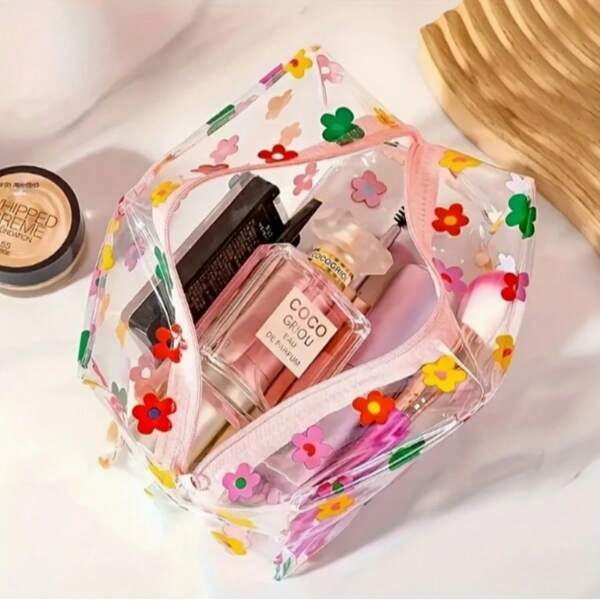 PVC Makeup Bag With Zipper – Colorful Floral Pattern Travel Cosmetic Organizer For Women, Transparent Design With Vibrant Flower Decorations
