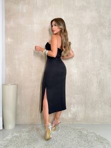 Women's Long Plain Dress With Off-The-Shoulder Neckline And Thigh Slit/DD086 - màu đen - Xem 5