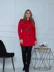 WOMEN'S OVERCOAT WITH BUTTONS AND LARGE BELT - 紅色 - 查看 2