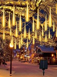 1pc Solar Outdoor Christmas Lights, Solar Rain String Lights, 8 Light Tubes 192LED Meteor Shower Lights, Rain, Snow Fall Icicle Cascade Lights For Christmas Decoration Wedding Party Lights, 2pcs/4pcs Solar Outdoor Lights, LED Decorative Solar Garden Lights