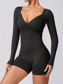 NcmRyu 1 Pc Solid Color Stylish Yoga Jumpsuit Casual Athletic Bodysuit With Long Sleeves Machine Washable Form Fitting For Yoga Fashionable Tummy Control Shapewear Summer - Black - View 5