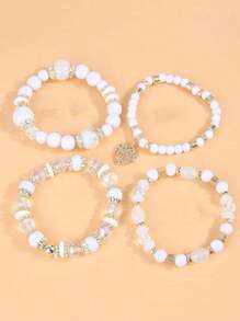 4 Pieces/Set Girls Bohemian Multi-Layer Elastic Crystal Love Tassel Simple Versatile Mother's Day Gift Bracelet
