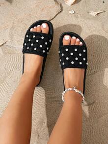Summer New Arrival Women's Fashionable Rhinestone & Rhombus Pattern Black Thick-Soled Height Increasing Comfortable Outdoor Slippers - Black - View 7