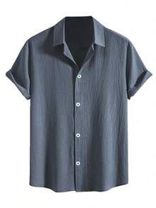 男士短袖休闲纽扣纹理衬衫，防皱夏季沙滩衬衫 - 灰色 - 查看 2