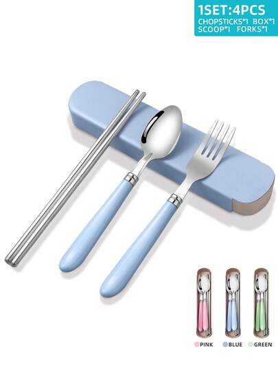 4pcs Portable Stainless Steel Flatware Set With Spoon, Fork, Chopsticks And Storage Box, Travel Cutlery Set, Perfect For Travel, Office, School, Picnic, Outdoor Activities, Camping, Kitchen, Christmas Gift,School Supplies