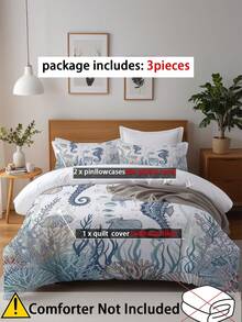 3 Stücke Bettbezug-Set mit Seepferdchen-Motiv (1*Bettbezug + 2*Kissenbezüge, ohne Füllung), mit Seestern- und Korallen-Muster, weich, bequem, atmungsaktiv, langanhaltend, pflegeleicht, knitterfrei, maschinenwaschbar, beugt Sehermüdung vor, geeignet für alle Jahreszeiten, mit Reißverschluss, geeignet für Hotel, Schlafzimmer, Gästezimmer und Studentenwohnheim, allergikerfreundlich, modernes, einfaches Ozean-Thema - Verschiedenfarbig - Übersicht 5