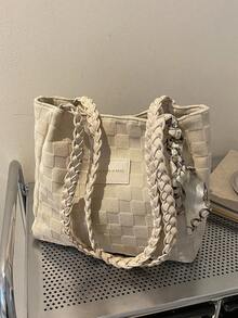 畅销格子围巾单肩包女士新款时尚大容量手提包，休闲通勤腋下蝴蝶结手提包（围巾颜色随机） - 米色 - 查看 1