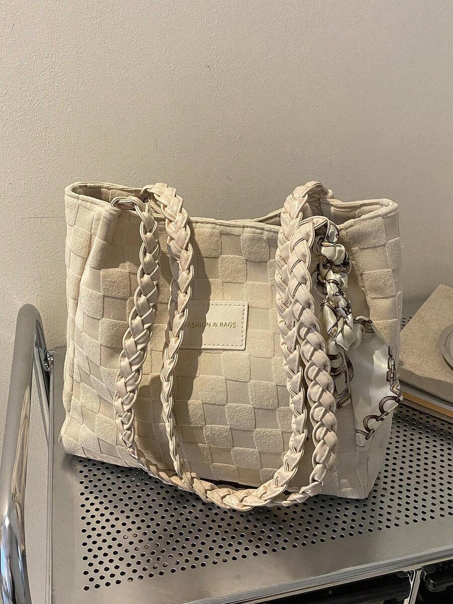 畅销格子围巾单肩包女士新款时尚大容量手提包，休闲通勤腋下蝴蝶结手提包（围巾颜色随机） - 米色 - 查看 1