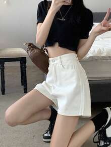 Quần short denim ống rộng màu trơn, kiểu dáng thường ngày, thích hợp cho mùa hè (màu trắng). - trắng - Xem 7