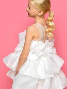 Young Girl Ruffle Bow Tulle Party Dress, Princess Cake Dress Suitable For Baby Birthday, Anniversary, Wedding, Holiday Celebration, Flower Girl