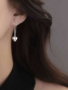 1 Pair, Personalized Custom Engraved Silver Heart Chain Design Earrings, Party Accessories Gift, Heart Earrings, Elegant Heart Pendant Chain Earrings - Versatile Front Or Back Wear, Ideal Mother'S Day Gift, Cute Earrings, Suitable For Daily Matching, Party Gathering Banquet Play. Give To Sisters, Besties, Younger Sister, Family, - Multicolor - View 3