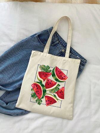 Tygväska i polyester med vattenmelontryck - avslappnad stil, lätt, öppen stängning, fast axelrem, handtvättbar, axelväska för daglig pendling med tryckt design, reseförvaringsväska med hög kapacitet