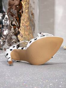 2025 夏季新款露趾凉鞋，黑白波尔卡圆点蝴蝶结尖头细高跟鞋，优雅系带法式时尚百搭女士高跟鞋