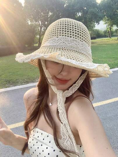 1 件装女士蕾丝多功能折叠编织草帽，夏季度假波西米亚风防晒太阳帽，时尚沙滩度假防紫外线防风休闲太阳帽