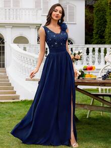 MIUSOL Sequin Floral Lace Sweetheart Neck Sleeveless Ruffle Chiffon Slit Maxi Formal Party Dress, Formal Evening Gown, Suitable For Wedding Guest, Graduation Ceremony, Gala And Other Occasions - Navy Blue - View 6