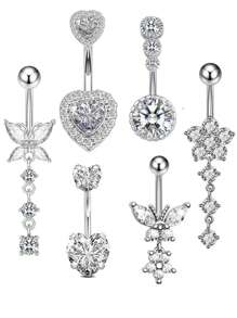 6pcs Stainless Steel Body Piercing Kit, With Flower, Butterfly, Heart Shaped Cubic Zirconia Navel Rings For Women