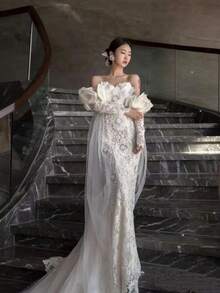 Vestido de novia ajustado tipo sirena de encaje, vestido de novia simple y ligero con cola, para boda y graduación