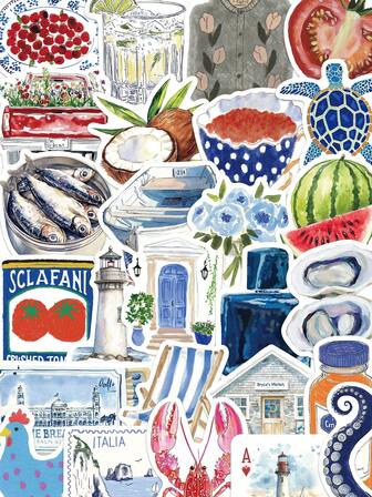 YWWBLD 50pcs Open Sea Mediterranean Style Artistic Stickers PVC Gift Cartoon Decoration Scrapbook Laptop Luggage Guitar Water Cup Phone Case DIY Decal